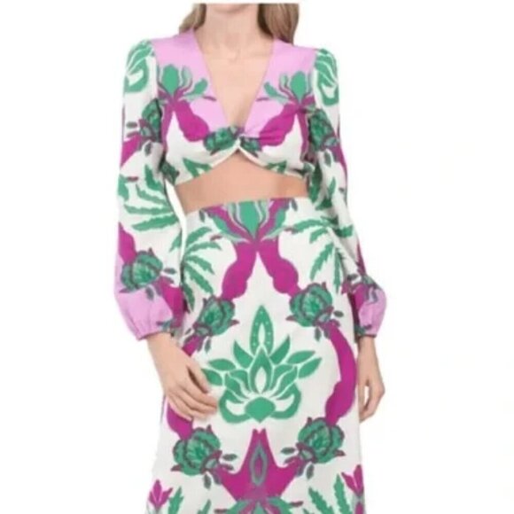 New Caroline Constas Floral Print Long Sleeve Linen Blend Crop Top NWT Large - Picture 3 of 11